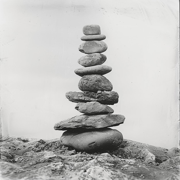 Photo photograph of an artistic formation of 8 stacked rocks balanced one on top of anotherstylize 1000