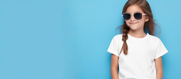 Photograph of attractive child model Kid in casual summer clothes posing in fashion studio Content girl wearing white polo shirt and sunglasses with arms