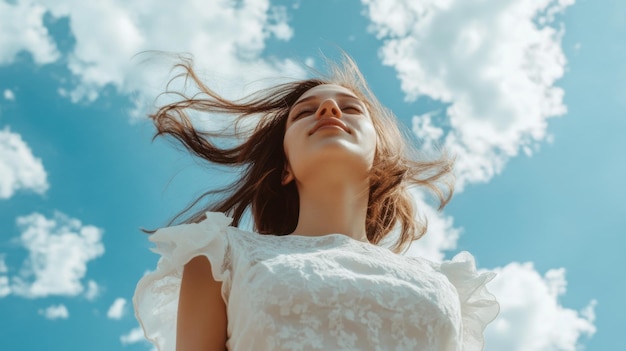 Photo a photograph of an attractive woman playing with her hair in the wind wearing a white dress against