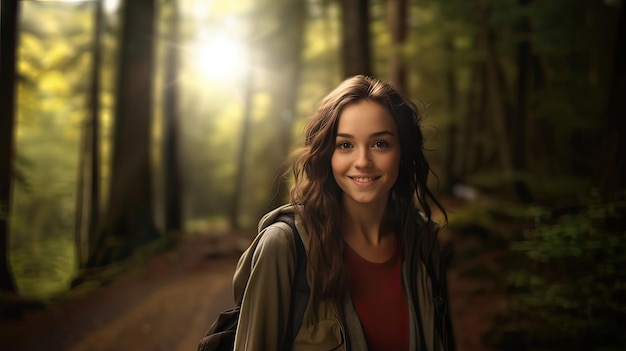 Photograph of attractive woman with long hair and brown color in an out of focus forest Midjourney