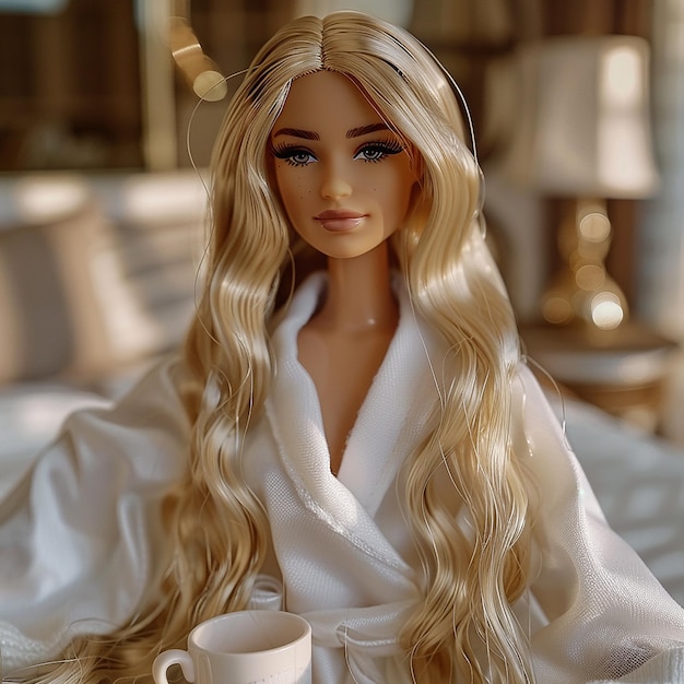 a photograph of Barbie wearing white robe in her luxury mansion getting ready for the day with coff