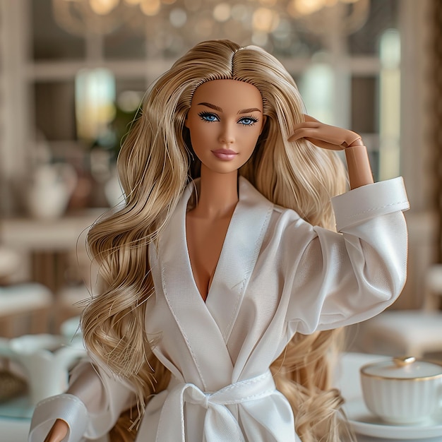 a photograph of Barbie wearing white robe in her luxury mansion getting ready for the day with coff