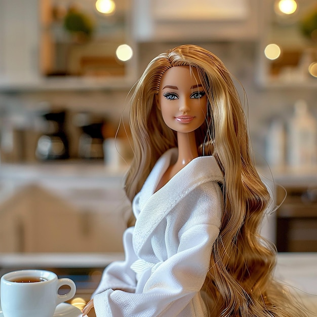 a photograph of Barbie wearing white robe in her luxury mansion getting ready for the day with coff