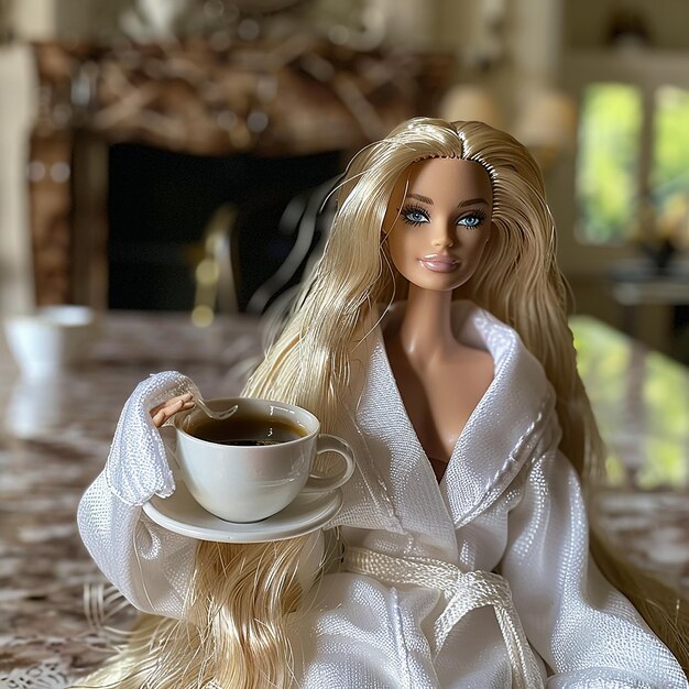 a photograph of Barbie wearing white robe in her luxury mansion getting ready for the day with coff