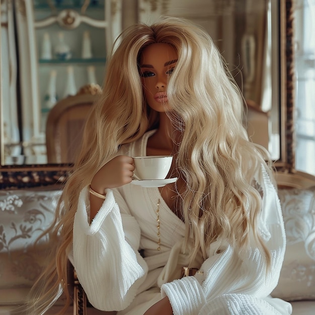 a photograph of Barbie wearing white robe in her luxury mansion getting ready for the day with coff