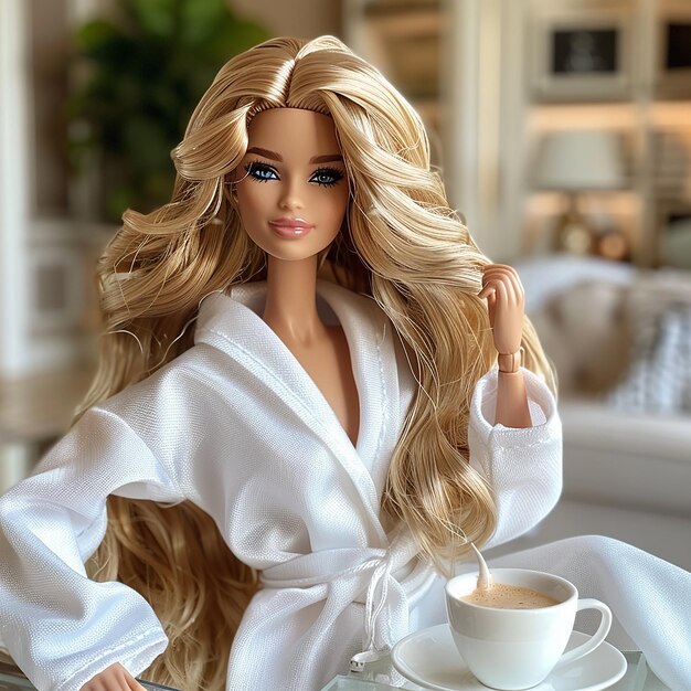 a photograph of Barbie wearing white robe in her luxury mansion getting ready for the day with coff