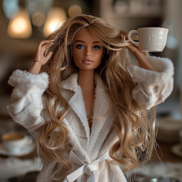 a photograph of Barbie wearing white robe in her luxury mansion getting ready for the day with coff