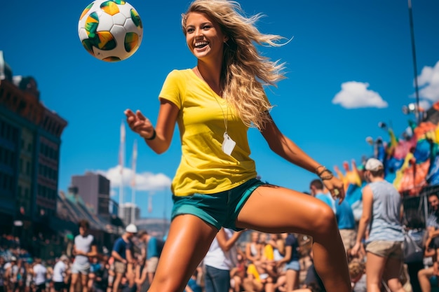 photograph of a beautiful woman playing soccer