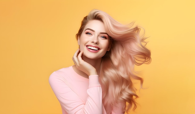 Photograph of a blonde pretty woman on yellow background Loose hair happy smiling woman