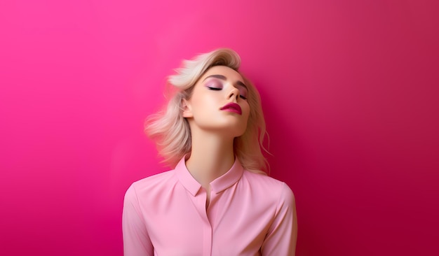 Photograph of a blonde woman with a serious gesture on a fuchsia background sad woman with closed e