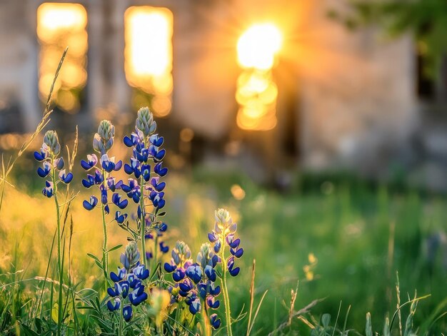 photograph of bluebonnets in front yard with old building ruins in the background bokeh golden hour ar 43 v 61 Job ID 573b31188b6f48f190dd2413795daff8