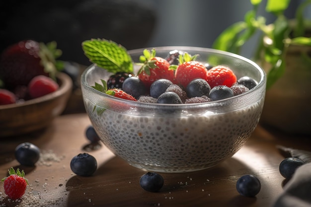 A photograph of a bowl of creamy coconut chia pudding Generative AI