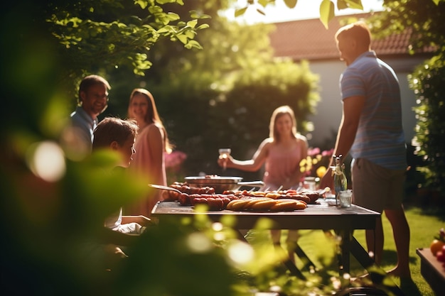 A photograph capturing a family and friends enjoying a picnic outdoors Generative Ai