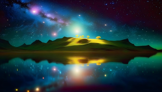 A photograph of a celestial island floating in outer space with stars