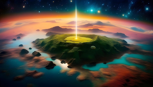 A photograph of a celestial island floating in outer space with stars