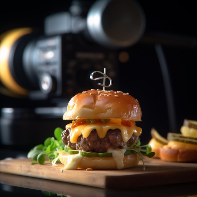 A photograph of a classic burger with a flavorful patty and toppings captured in a closeup shot