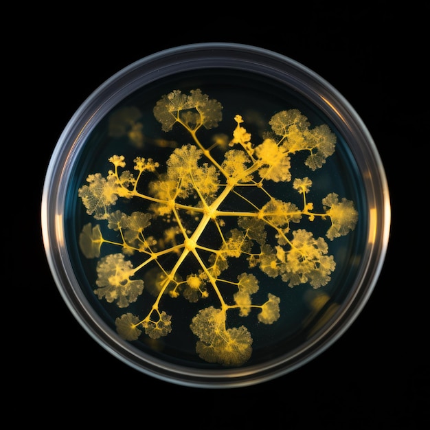 Photo photograph close up shot petri dish with bacteria and cultures on dark background