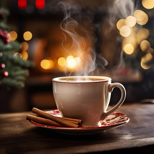 photograph of a coffee mug with a christmas background