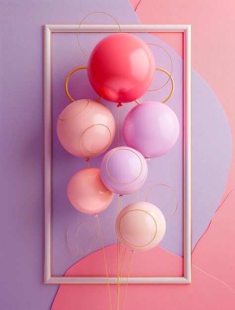 Photo a photograph of a collection of pink and purple balloons with gold accents inside a white frame