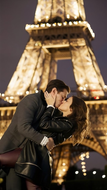 Photo photograph of couple kissing near eiffel tower in paris