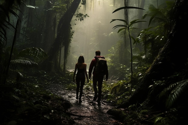 Photograph of couples exploring trails through dense lush rainforests