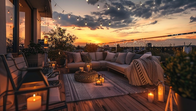 A photograph of a cozy terrace with outdoor furniture string lights and candles on the deck