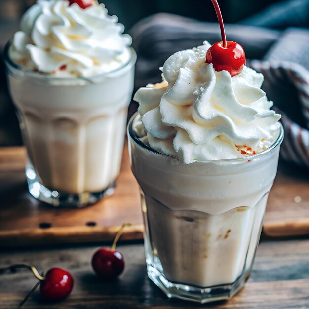 Photo photograph a creamy vanilla bean milkshake topped with whipped cream and a cherry