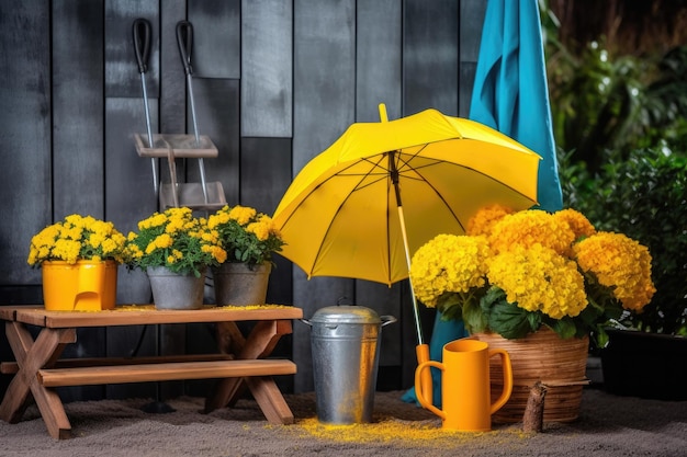 Photograph depicting a garden full of yellow flowers and gardening supplies Generative AI