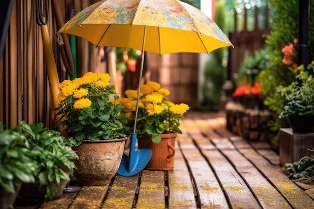 Photograph depicting a garden full of yellow flowers and gardening supplies Generative AI