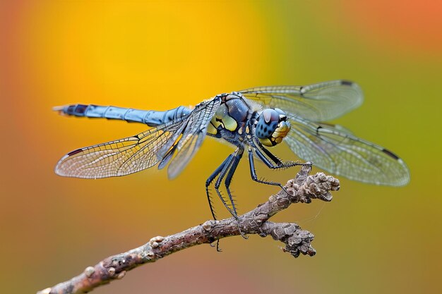 Photograph of dragonfly on a branch taken with a macro lens high resolution photography with insane