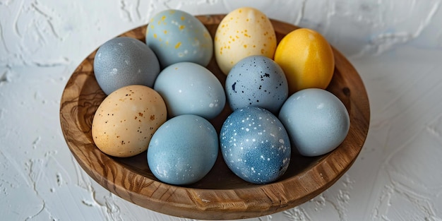 Photograph easter eggs in a wooden bowl on a white background in a top view flat lay easter conce