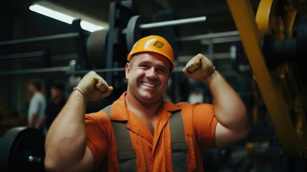 Photo photograph of an engineer in orange uniform and yellow helmet with muscular build