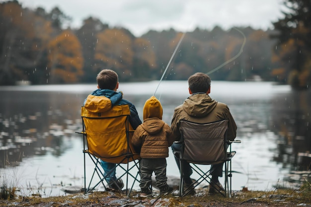 Photograph a father and son sitting on chairs fishing together by the lake at sunset enjoying each