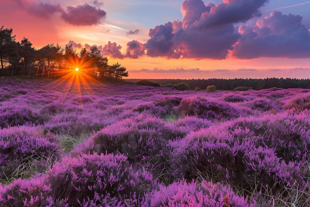 Photograph of a field covered in purple heather at sunset taken