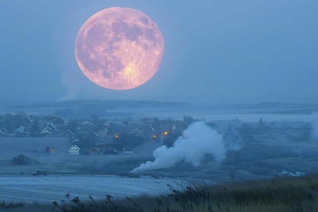 Photo photograph of full moon over small town in the distance field below with smoke rising from it blue