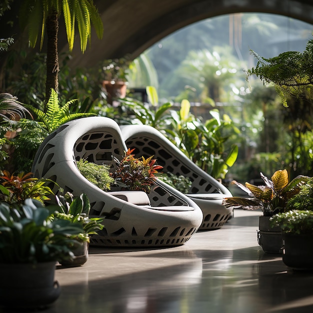 Photograph Futuristic Cement Flower Pot in Tropical Setting