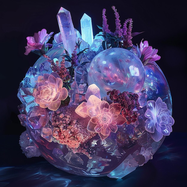 A photograph of a futuristic phosphorescent planet covered with glowing gemstones quartz clusters