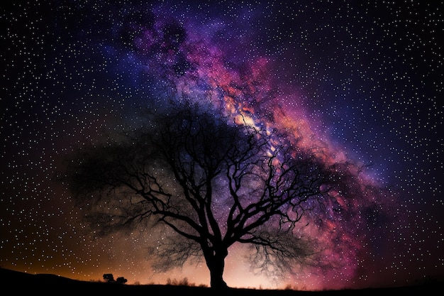 Photograph of the gorgeous Milky Way and a tree silhouette taken at night