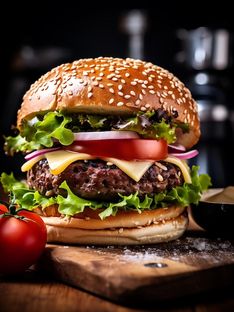 photograph of Gourmet burger on a rustic wooden table