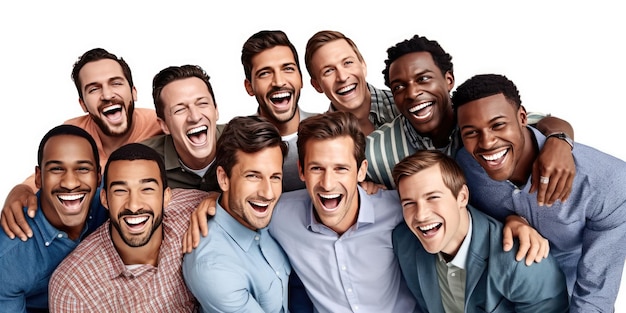 Photograph of Group of adult men happy excited style of website design blank white background handsome mixed nationality Generative AI technology