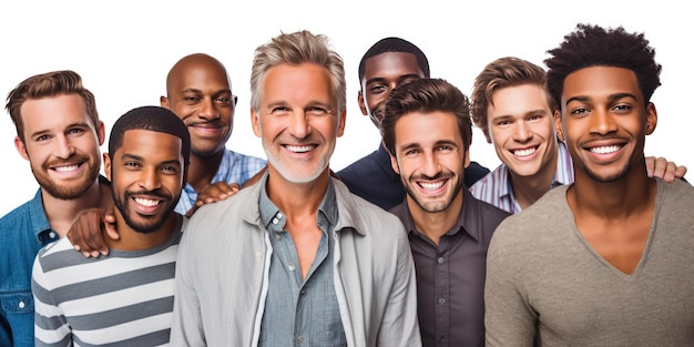 Photograph of Group of adult men happy excited style of website design blank white background handsome mixed nationality Generative AI technology