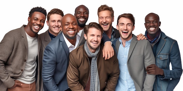 Photograph of Group of adult men happy excited style of website design blank white background handsome mixed nationality Generative AI technology