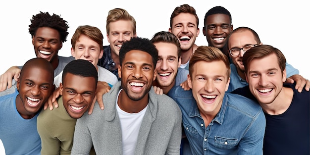 Photograph of Group of adult men happy excited style of website design blank white background handsome mixed nationality Generative AI technology