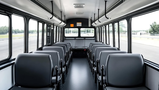 Photo a photograph of the interior space inside an empty modern minibus with blue seats