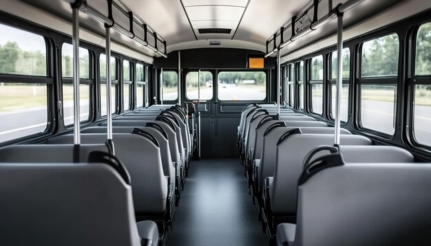 Photo a photograph of the interior space inside an empty modern minibus with blue seats