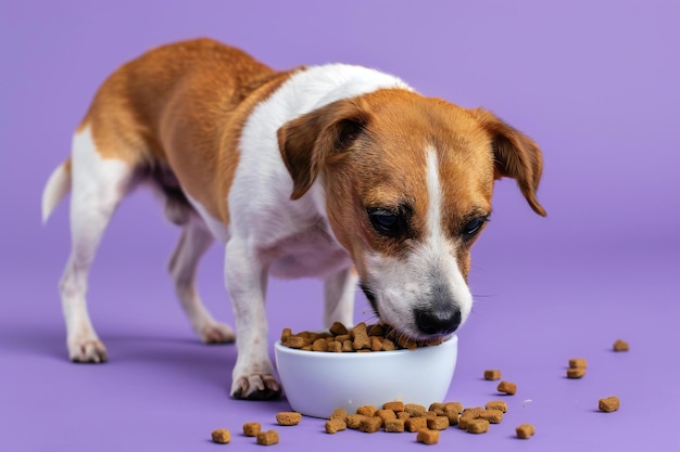 Photograph of a jack russell terrier dog eating from its bowl with food on a purple background in a