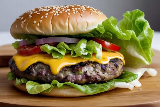 A photograph of a juicy burger with a calf cutlet salad tomato