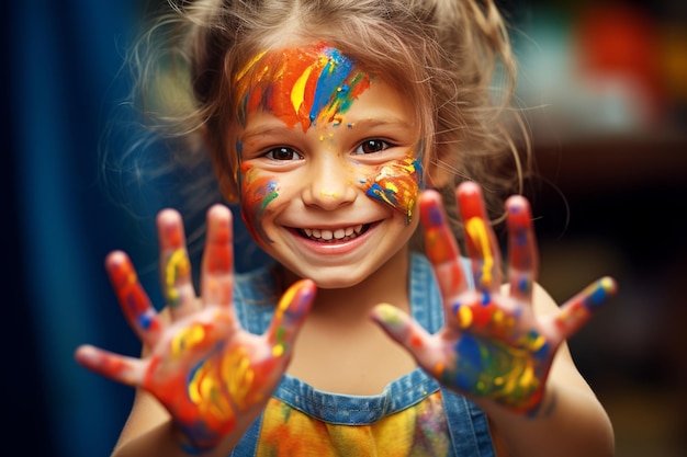 photograph of Little young girl playing with colors Paint on hands