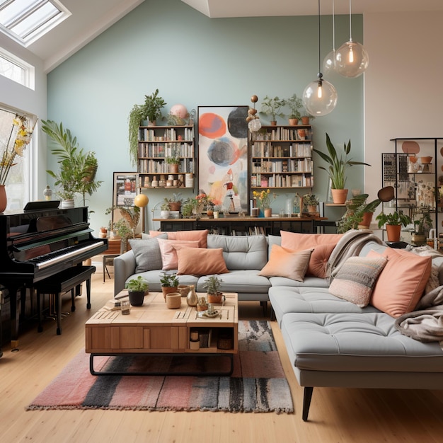 Photograph of a living room with an eclectic display wall with scandinave style works of art plants