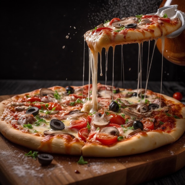 Photograph of a mouthwatering whole pizza capturing its delightful appeal and a variety of enticing